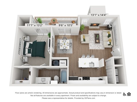A 3D floor plan of a small apartment with a kitchen, living room, and bedroom.